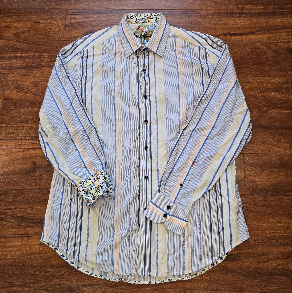 Robert Graham Men's Long Sleeve Striped Shirt Flip Floral Cuffs Size L